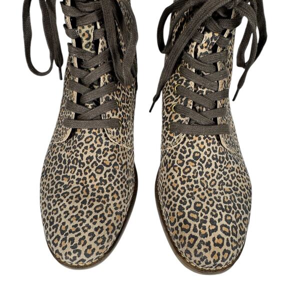 Lucky Brand Leopard Hestawn Lace Up Combat Moto Boots 8 Brown Leather Cheetah - Picture 6 of 8
